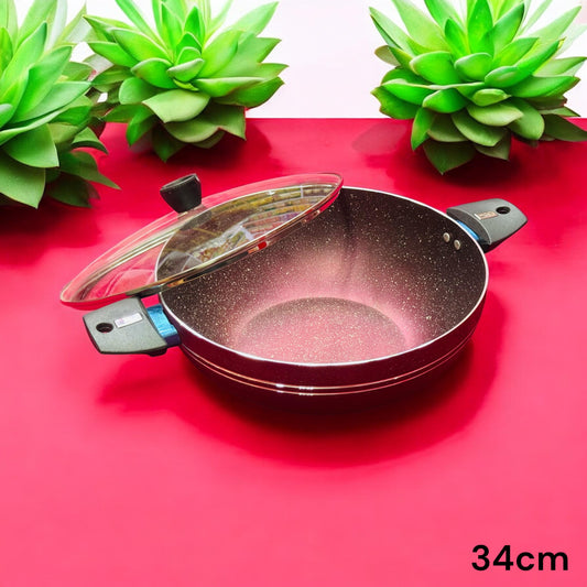 34 cm Marble Coated Round Wok (Karahi) with Glass Lid
