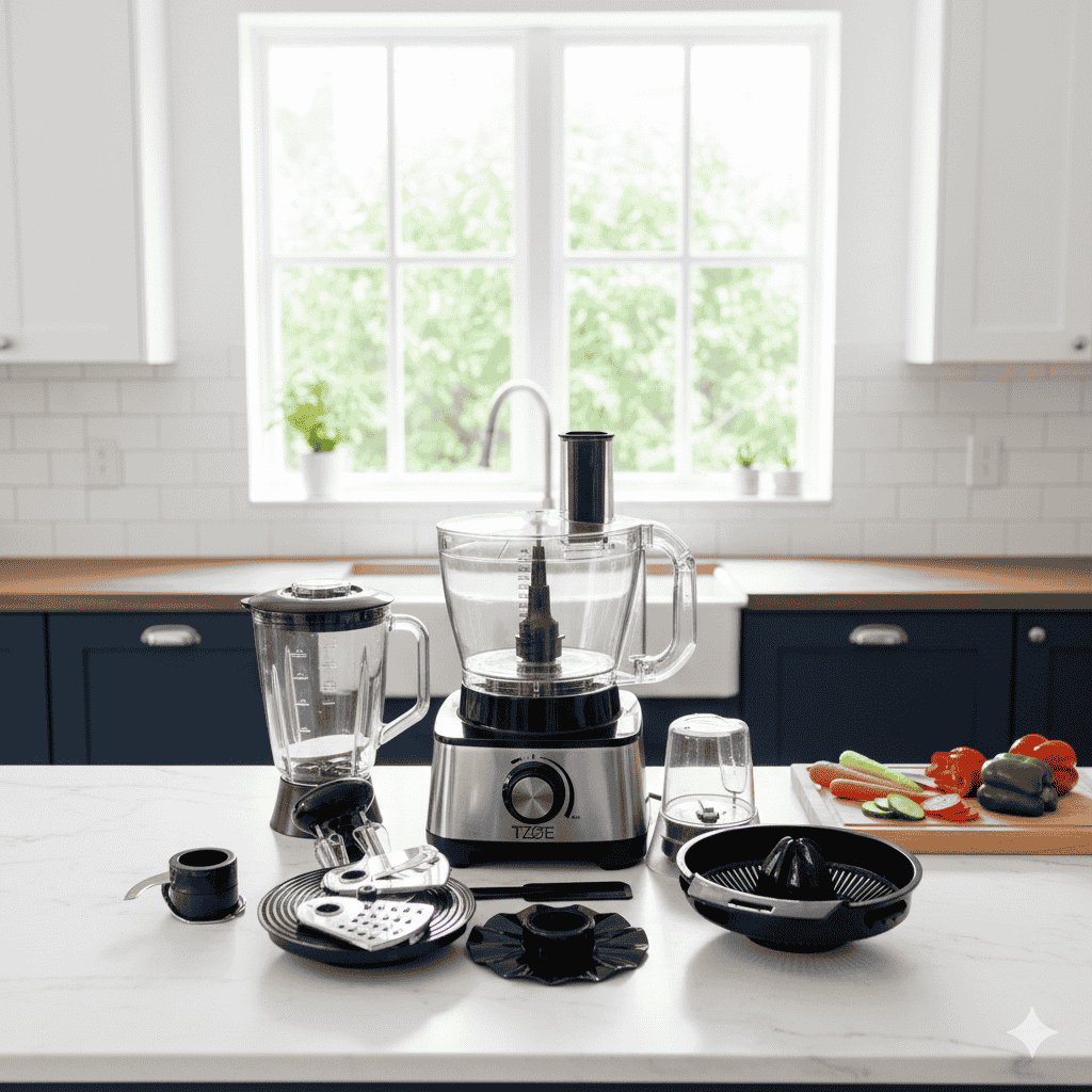 Kitchen appliances including a blender and food processor on a kitchen counter with a window in the background.