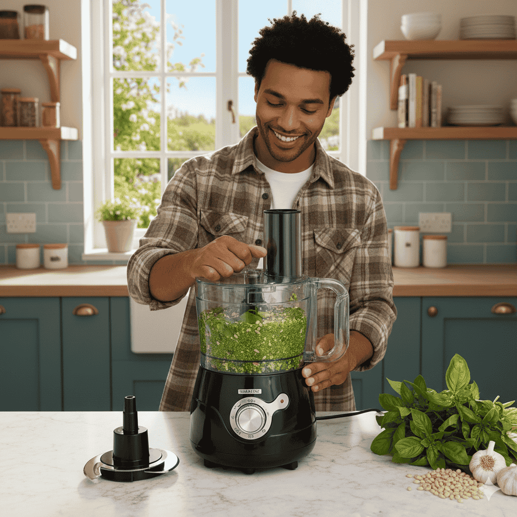 Man using a food processor in a kitchen with greenery and kitchenware around