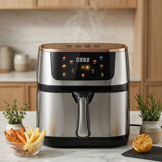 Modern air fryer on a kitchen counter with food and decor