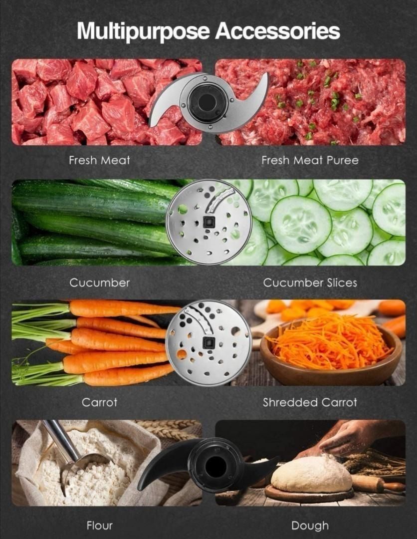 Multipurpose accessories for food processing with images of fresh meat, cucumber, carrots, flour, and dough.