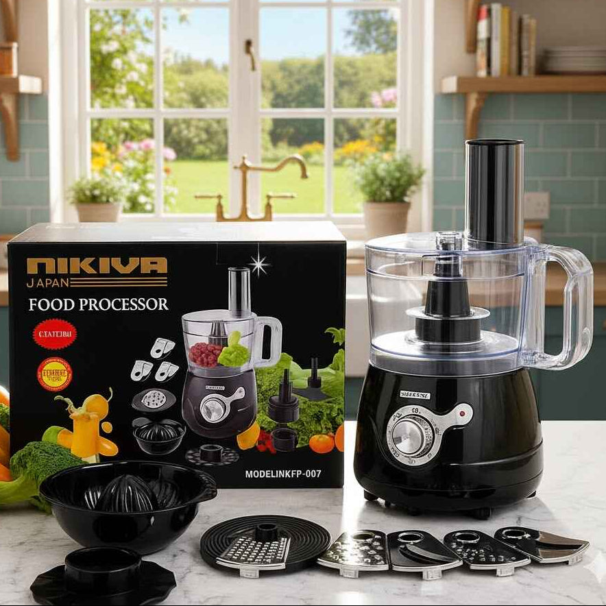 Nikiva food processor on a kitchen counter with accessories and packaging.