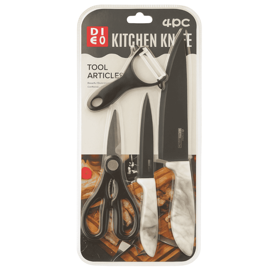 Packaged set of kitchen knives and tools with DIEO branding on a white background