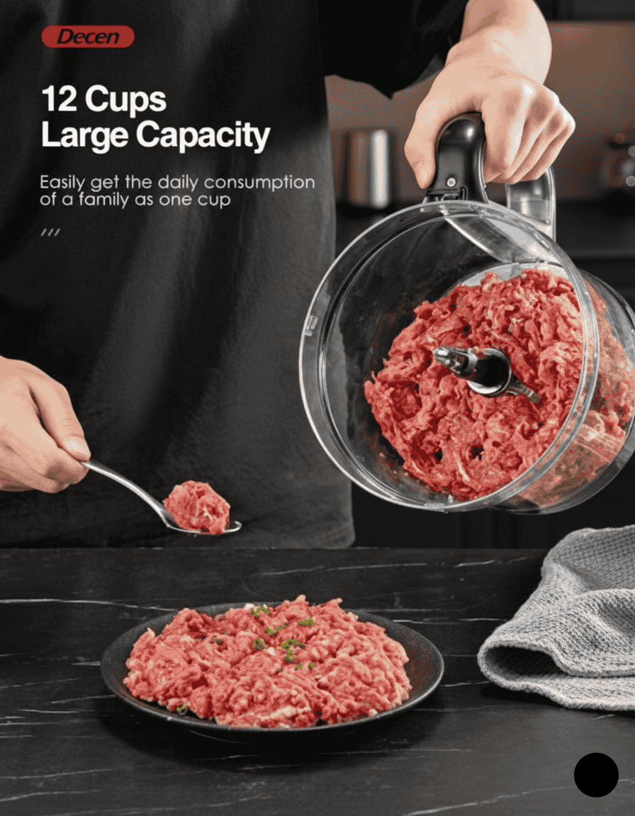 Person using a meat grinder with a large capacity, showing ground meat on a plate.