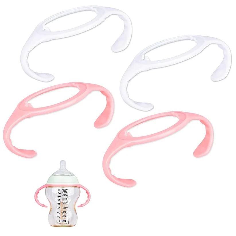 Set of four baby bottle holders in pink and clear on a white background