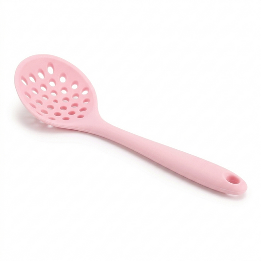 Pink slotted spoon on a white background