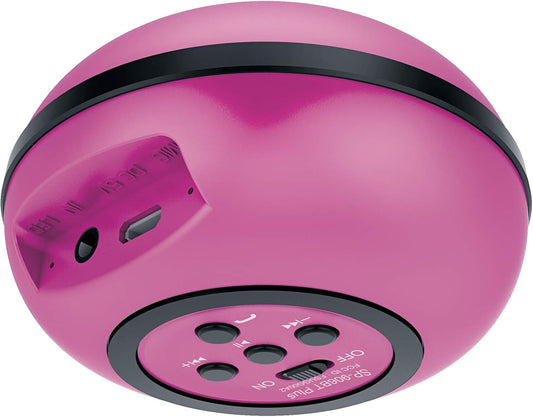 Pink spherical device with black accents on a white background