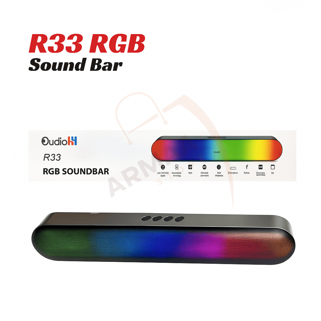 R33 RGB Sound Bar with colorful display on a white background