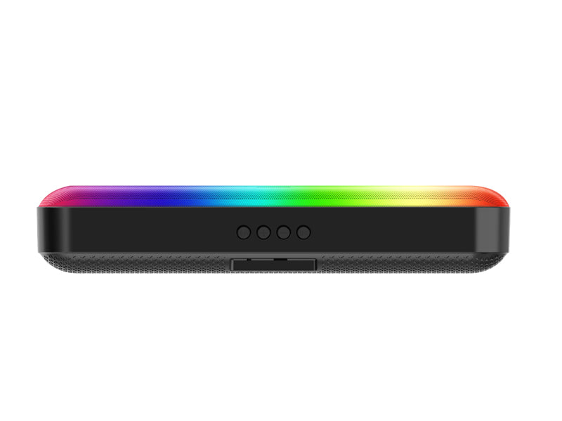 Black electronic device with a colorful LED strip on a white background