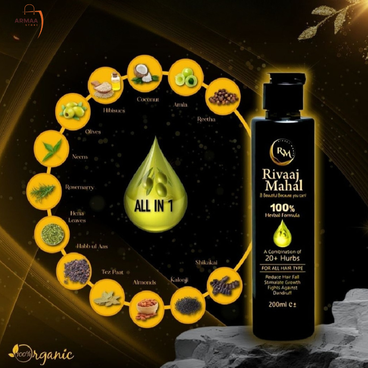 Rivaaj Mahal hair care product with ingredients on a dark background - armaa store