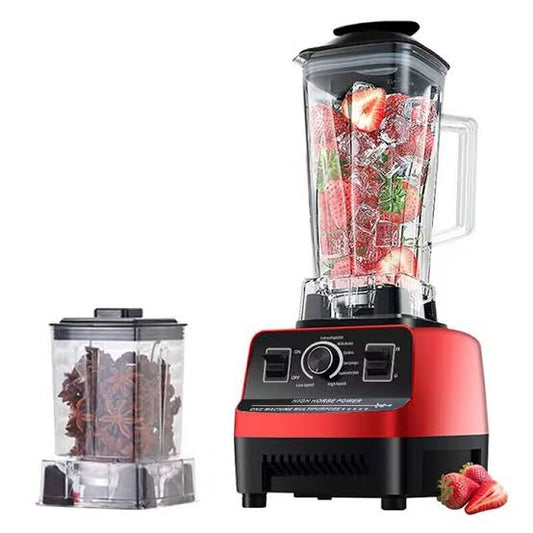 Silver Crest MultiFunction 2L Blender in red color with a transparent jug, displayed alongside a grinder and dehydrated fruits. The blender is designed for blending and grinding, with a 2L capacity and 4500W power rating.