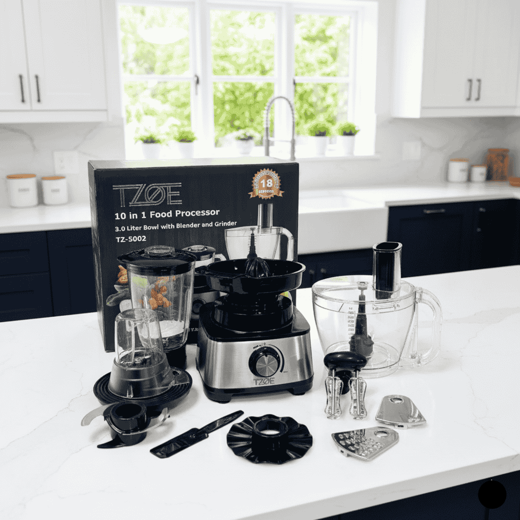 TZOE 10-in-1 food processor set on a kitchen counter with accessories.