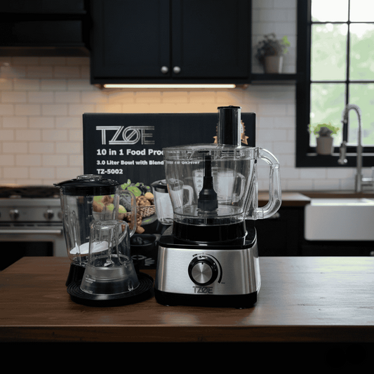 TZOE food processor and blender on a kitchen counter with a kitchen background.