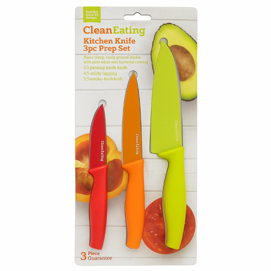 Three colorful kitchen knives on a packaging with avocados and fruits.