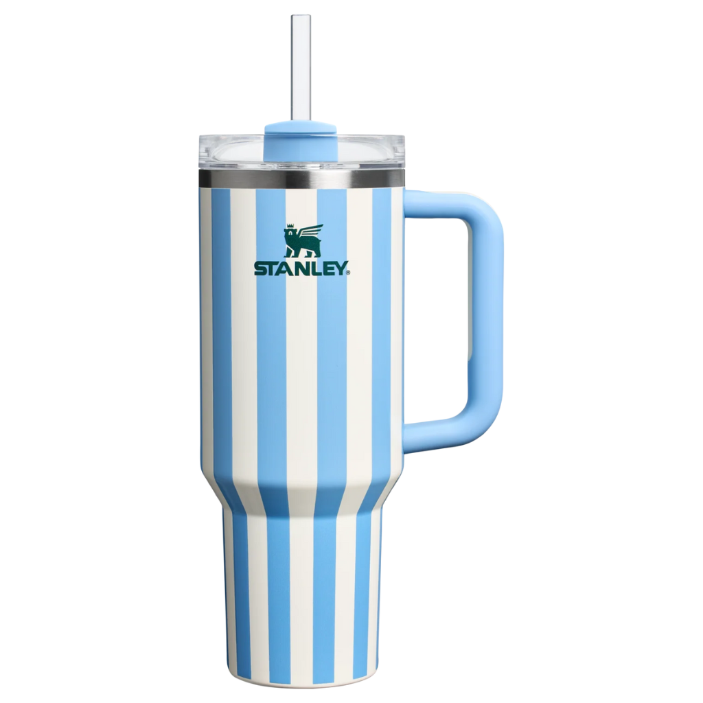 Blue and white striped Stanley mug with handle on a white background