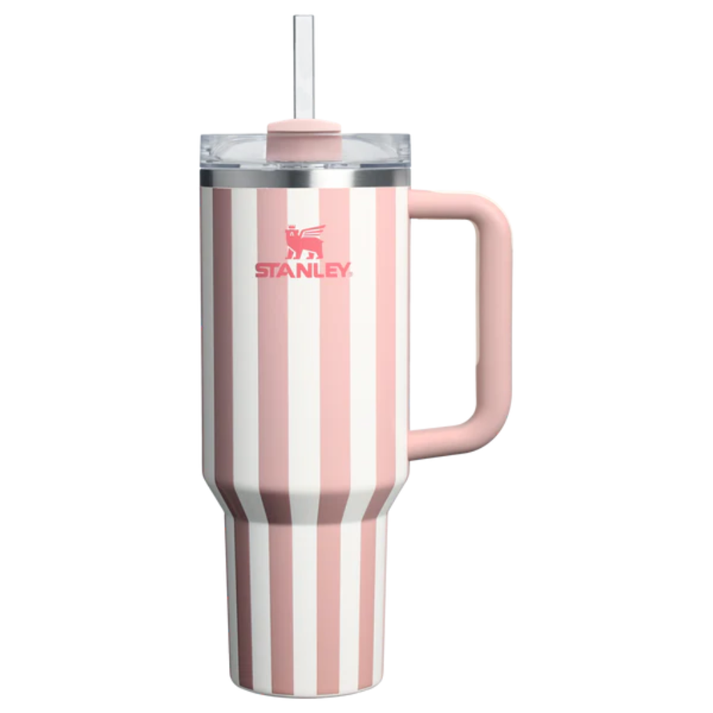 Pink and white striped mug with handle and straw on a white background, featuring Stanley logo.