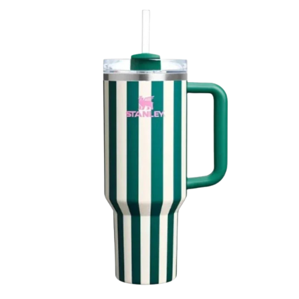 Green and white striped mug with handle and straw on a white background