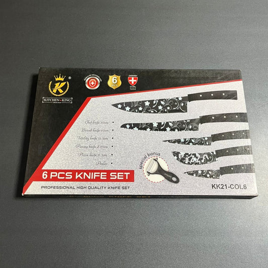 6-piece knife set packaging on a gray surface