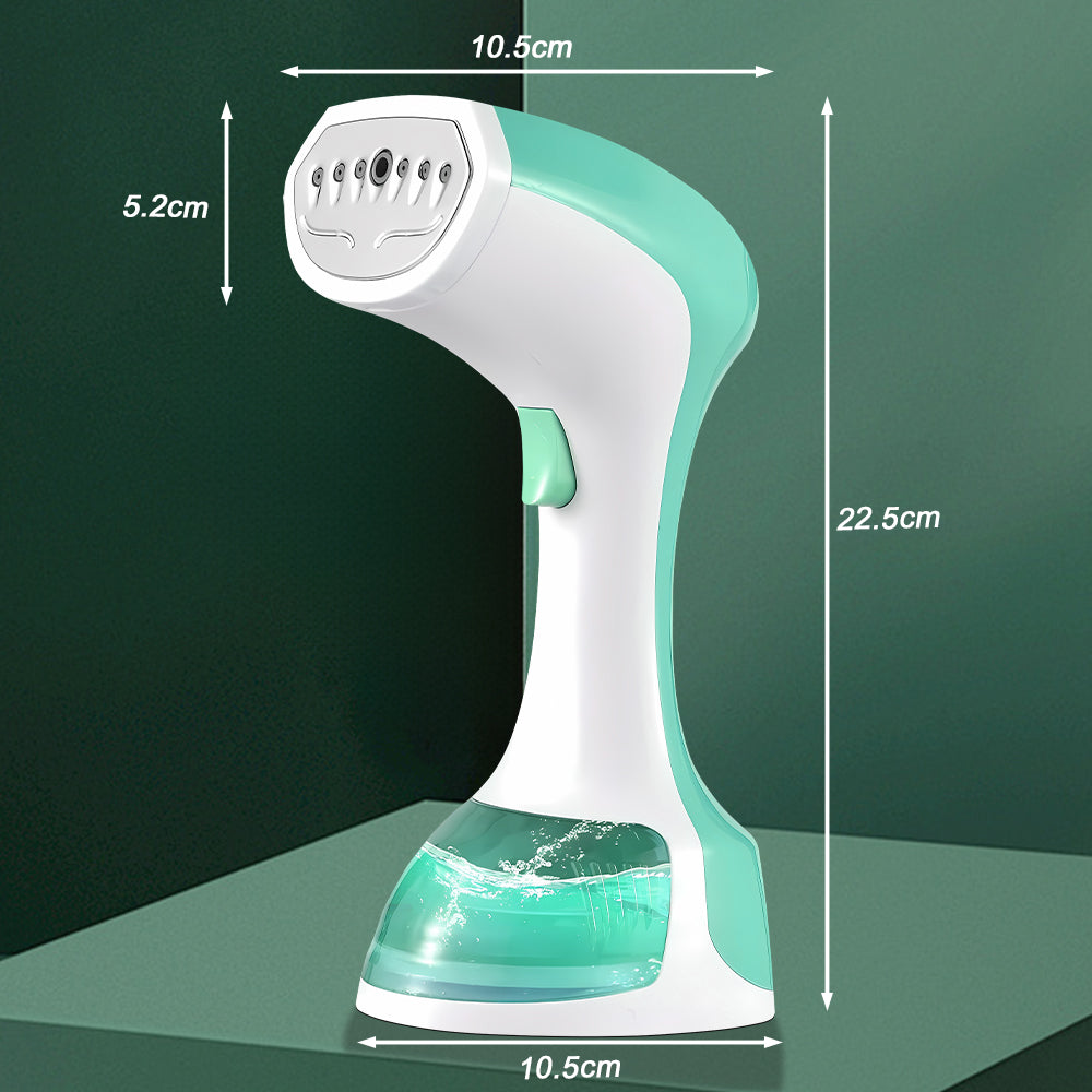 Green and white handheld steamer with dimensions labeled on a green background