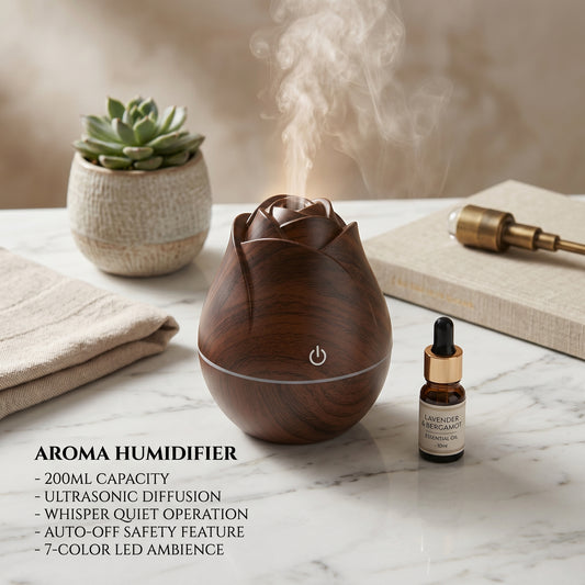 Aroma Humidifier 200ML – LED Color Changing Air Diffuser with Wood Grain Finish