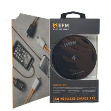 HEFM wireless charge pad packaging with accessories on a gray background