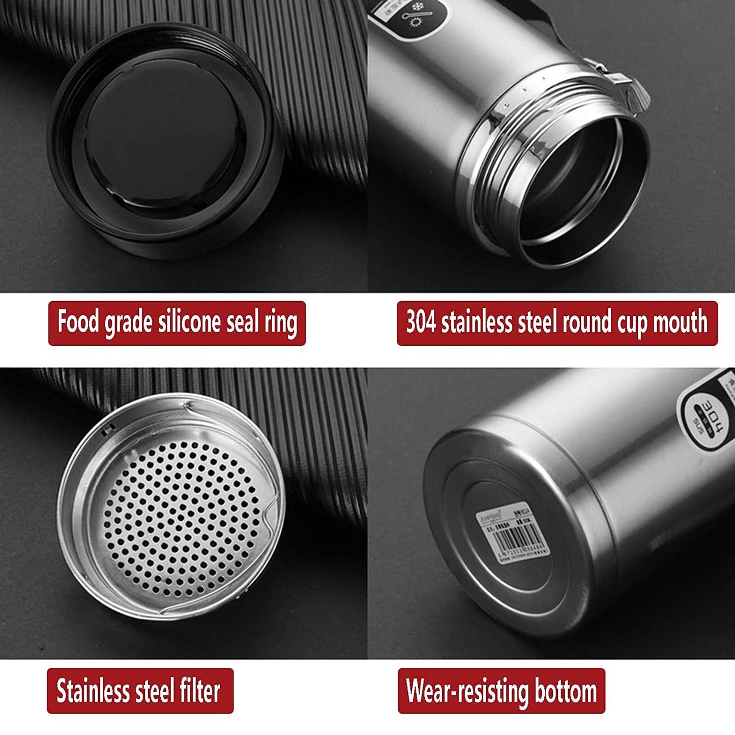 Stainless steel travel mug with features highlighted on a black background
