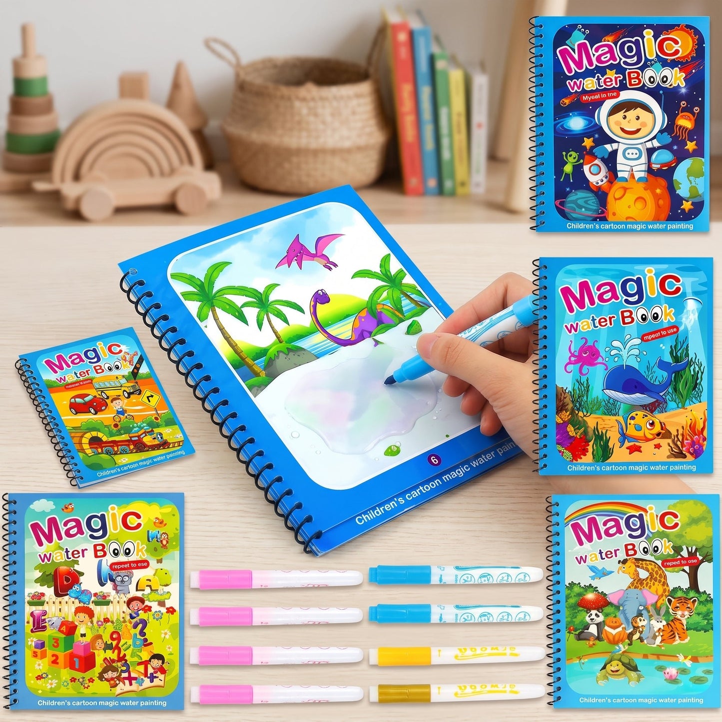 Magic Water Coloring Book for Kids – Reusable Water Painting Book with Magic Pen 5 Pieces Set - Armaa Store Pk