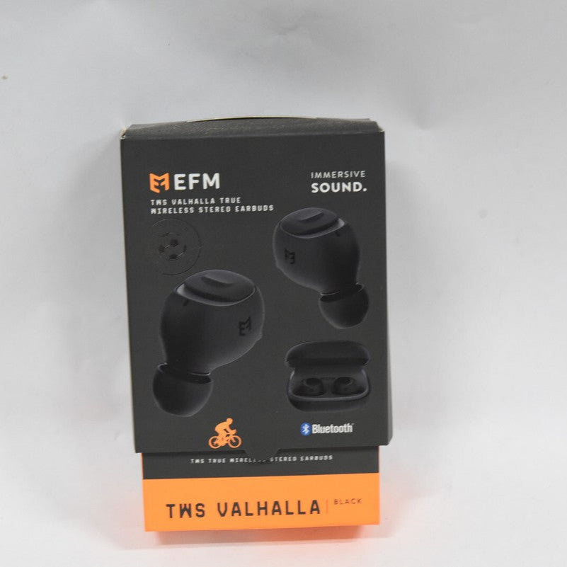 Box of EFM TWS Valhalla wireless earbuds on a white background