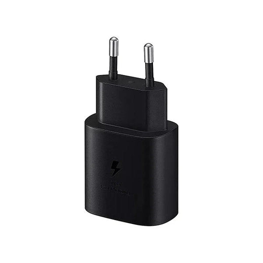 Black power adapter on a white background