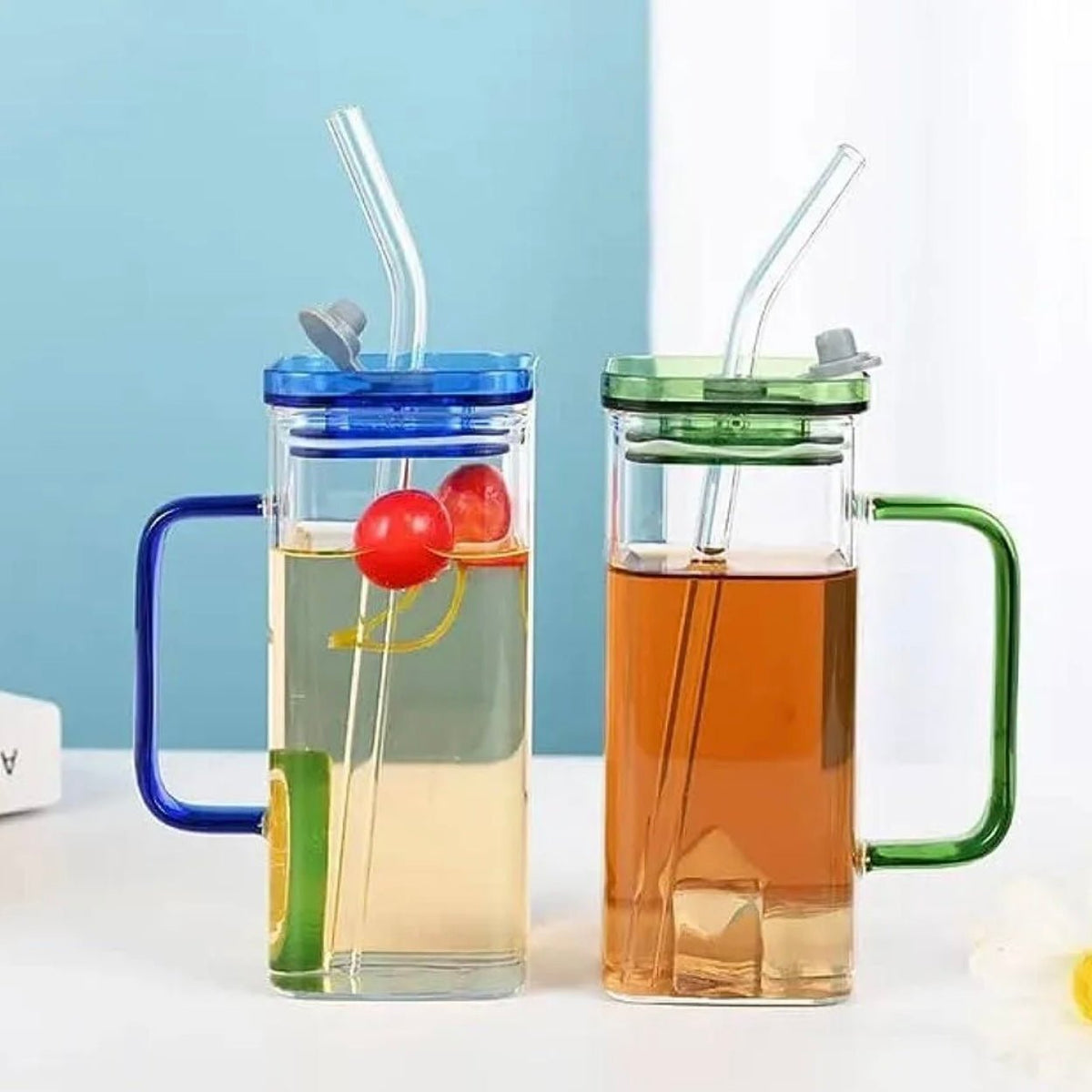 Transparent Square Tumbler Drinking Glass with Glass Straw and Colourful Handle | 2pcs Set - Armaa Store Pk