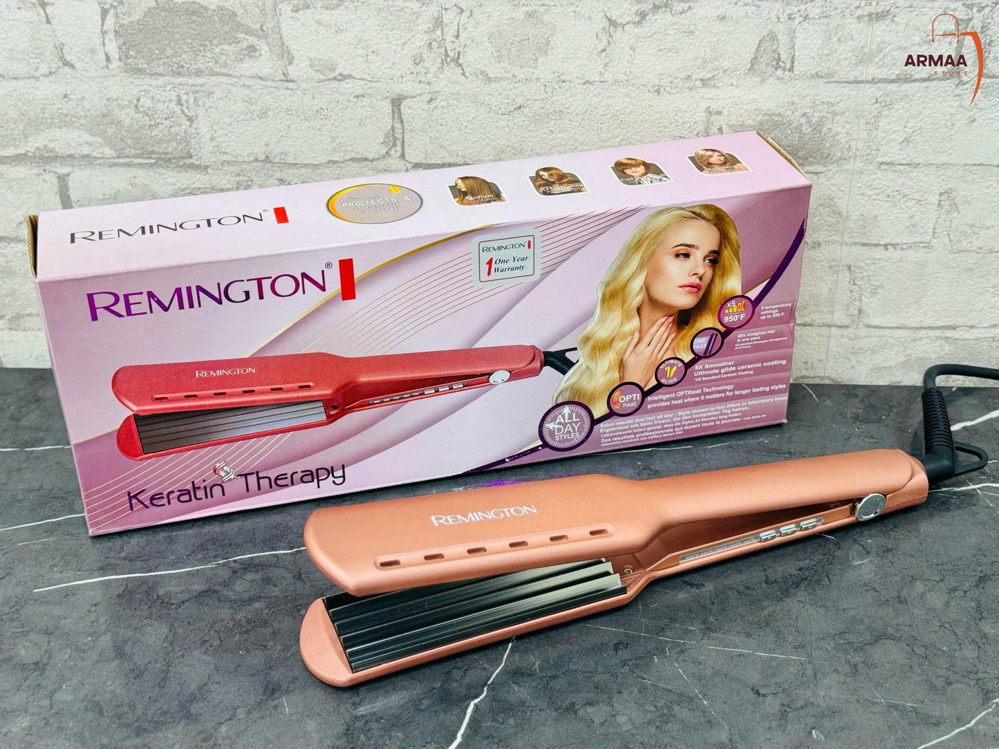 Remington Professional Hair Crimper in pink color displayed alongside its packaging box.