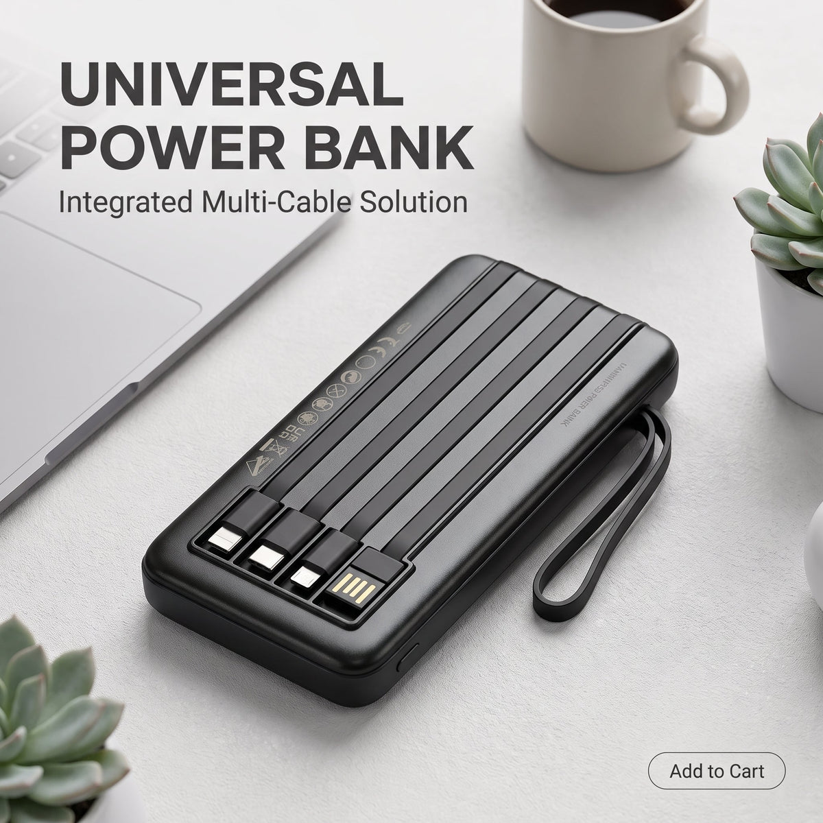 10000mAh Fast Charging Power Bank with Built-in Cables | Universal Portable Charger - Armaa Store Pk
