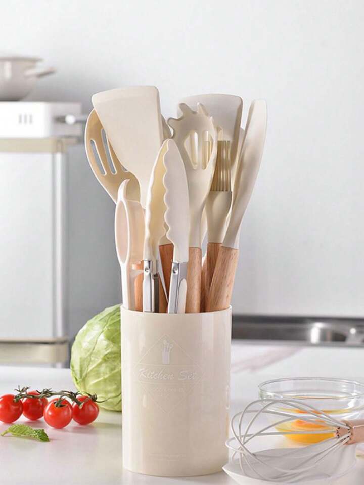 12Pcs Silicone Kitchen Utensil Set Heat Resistant Non-Stick Cooking Utensils with Wooden Handles for Commercial Restaurant and Home - Armaa Store Pk