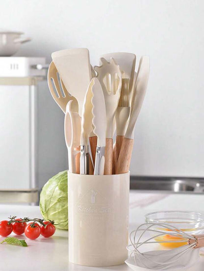 12Pcs Silicone Kitchen Utensil Set Heat Resistant Non-Stick Cooking Utensils with Wooden Handles for Commercial Restaurant and Home - Armaa Store Pk