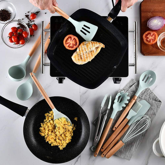 12Pcs Silicone Kitchen Utensil Set Heat Resistant Non-Stick Cooking Utensils with Wooden Handles for Commercial Restaurant and Home - Armaa Store Pk