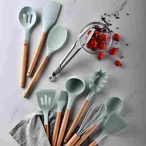 12Pcs Silicone Kitchen Utensil Set Heat Resistant Non-Stick Cooking Utensils with Wooden Handles for Commercial Restaurant and Home - Armaa Store Pk
