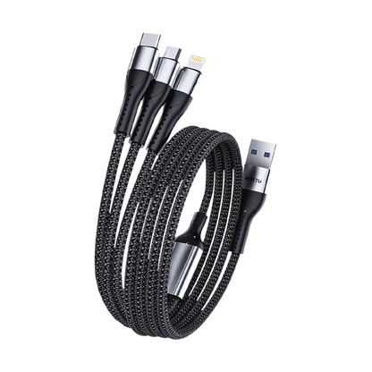 Multifunctional charging cable with multiple connectors on a white background