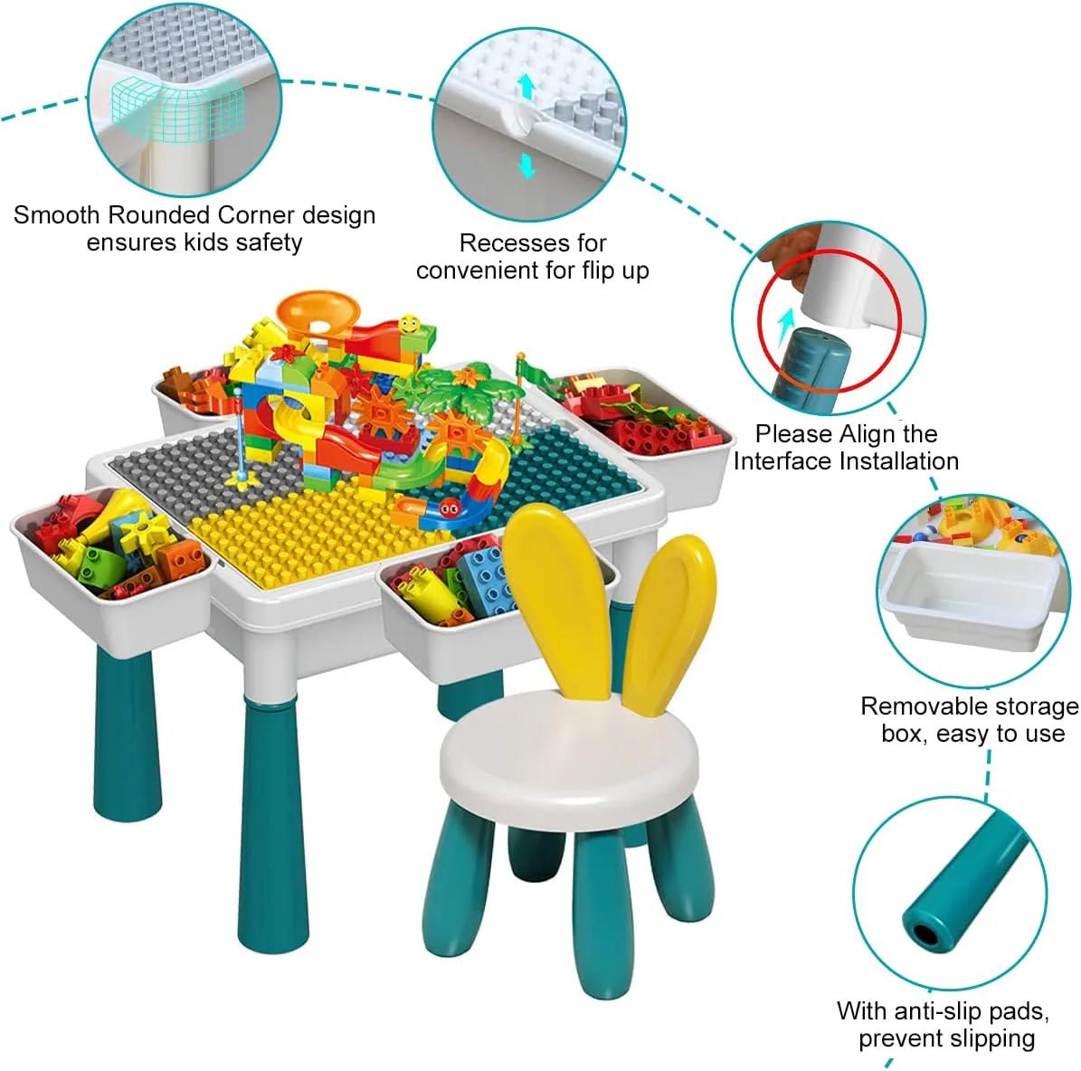 2 in 1 Building Blocks and Learning Table with Chair - Kids Activity & Educational Play Set - Armaa Store Pk
