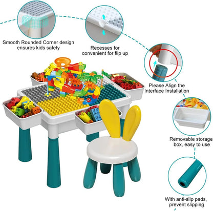 2 in 1 Building Blocks and Learning Table with Chair - Kids Activity & Educational Play Set - Armaa Store Pk