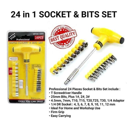 24 in 1 Socket and Bits Tool Set - Yellow Color - Armaa Store Pk
