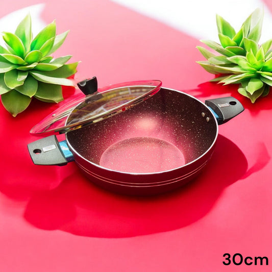 30 cm Marble Coated Round Wok (Karahi) with Glass Lid - Armaa Store Pk