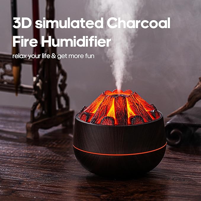 3D simulated charcoal fire humidifier on a wooden surface with text overlay.