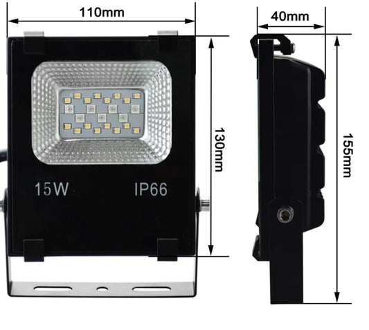 LED flood light with dimensions labeled on a white background