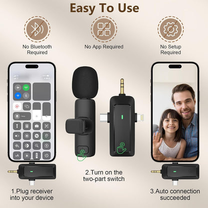 Wireless Microphone for iPhone & Android - Professional Dual Lapel Mic with USB-C/3.5mm/USB Plug for Video Recording, Vlog, YouTube, TikTok
