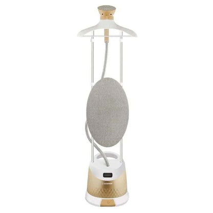Hanging iron with gray ironing board cover on a white background