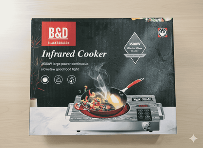 B&D Infrared Cooker packaging with a frying pan on a stove