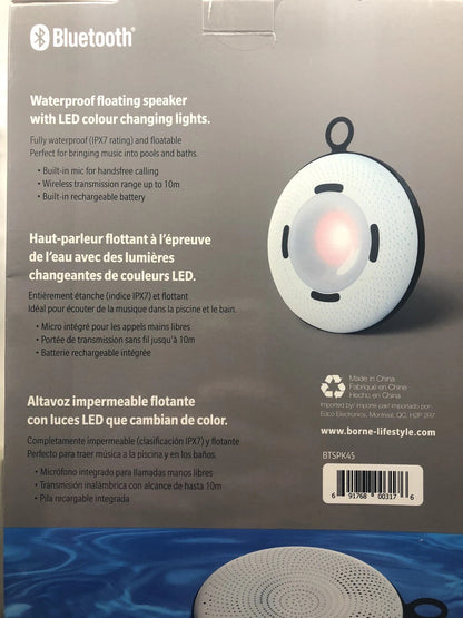 Back view of a Bluetooth waterproof floating speaker packaging with LED color-changing lights.