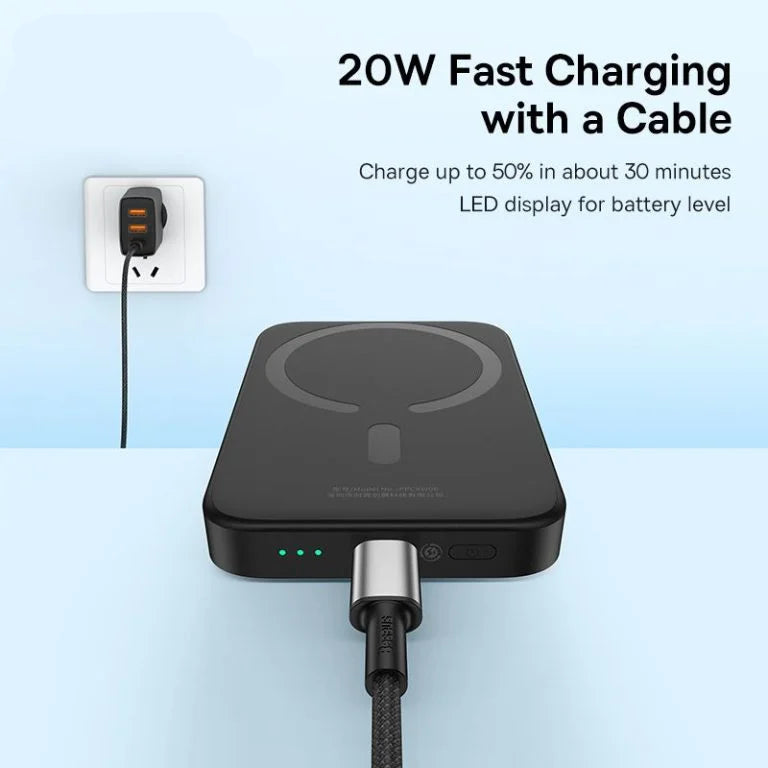 Baseus 20W fast charging device with cable on a light blue background