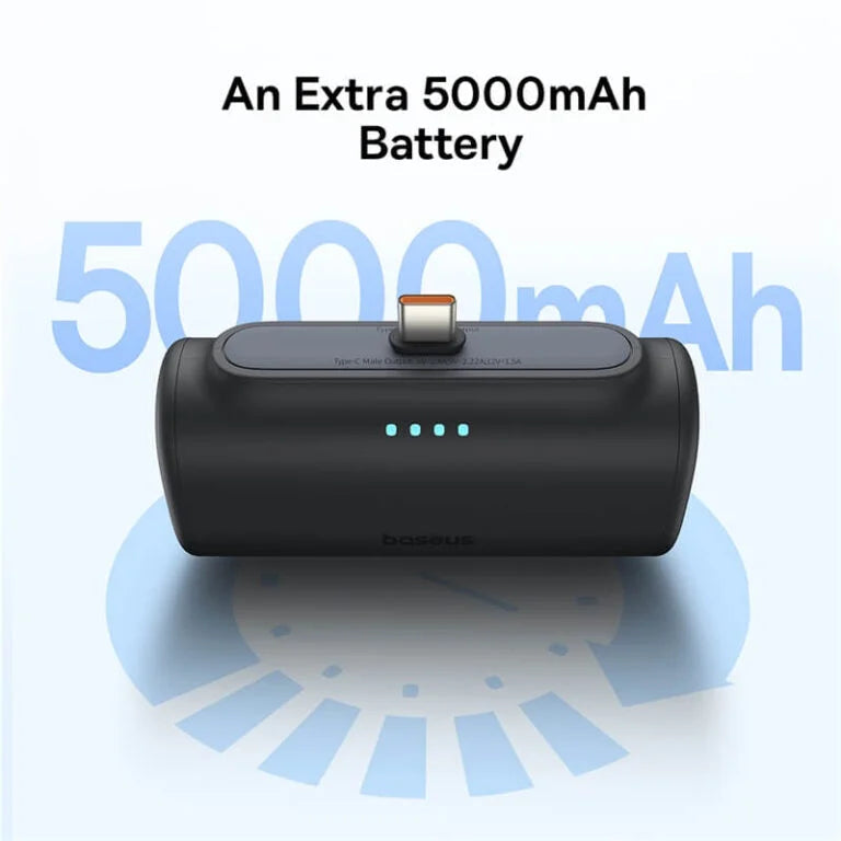 Baseus battery pack with 5000mAh capacity on a white background
