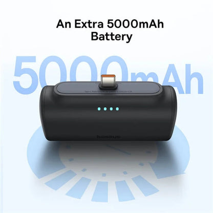 Baseus battery pack with 5000mAh capacity on a white background